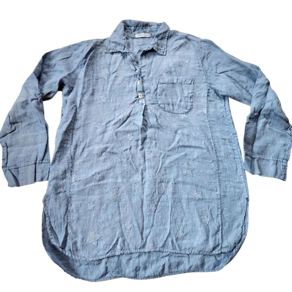 Tempo Paris Tunic Shirt Long Sleeve 100% Linen Embroidered Star Size M/L